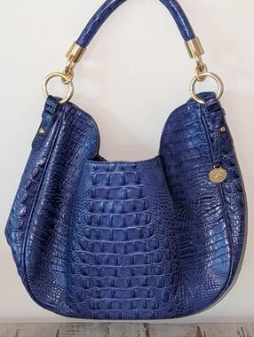 Brahmin Navy Blue Croc-Embossed Shoulder Bag with Gold Hardware
